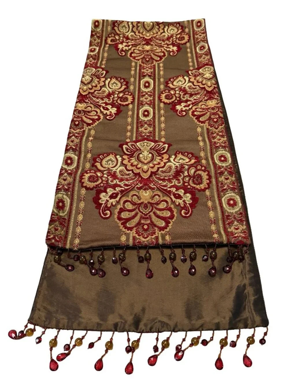 Vintage Bombay Company Silk Velvet Tapestry Table Runner Beaded Fringe Red Gold